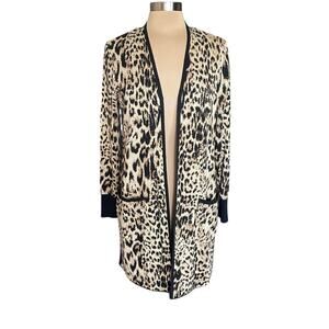 Chico's Animal Leopard Print Cardigan Sweater Size L Long Line Cozy Neutral Work